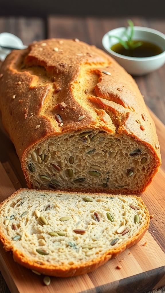 Gluten-Free Whole Grain Bread Recipe Freshly baked gluten-free whole grain bread with seeds, sliced on a wooden board.